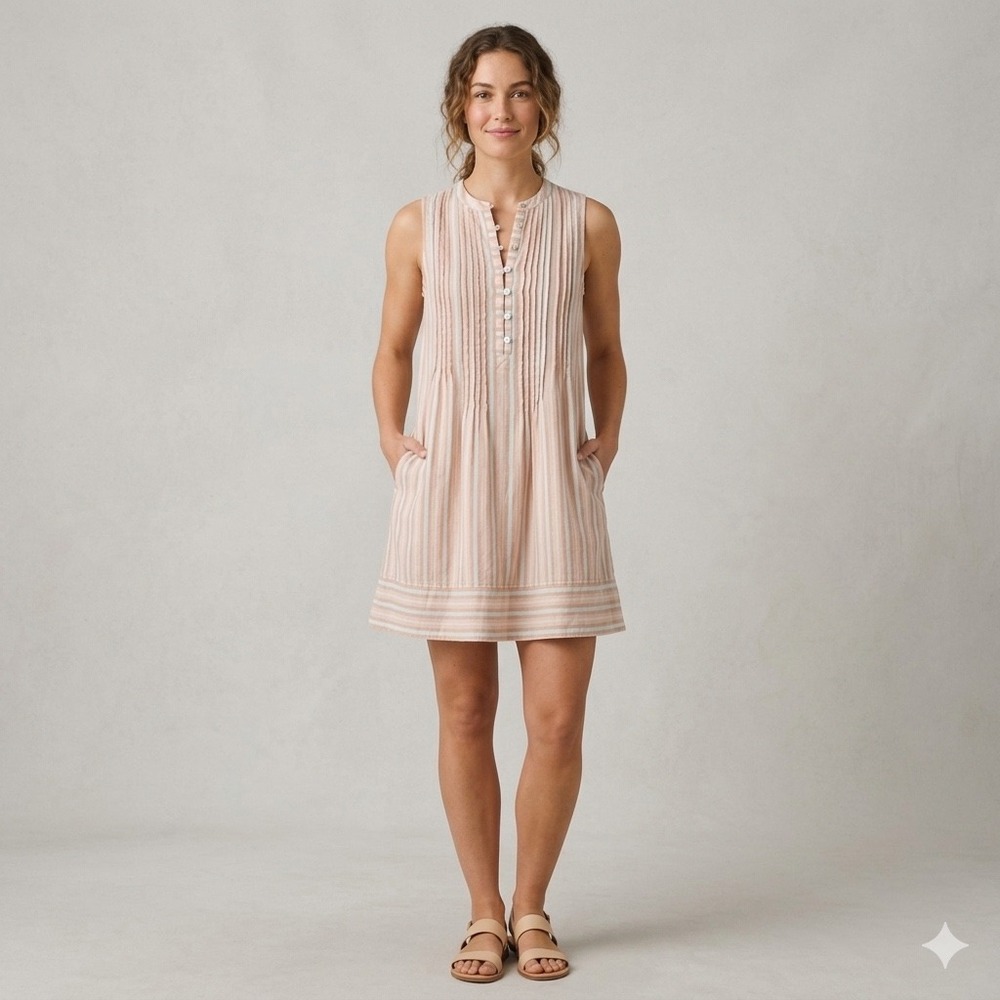 Faherty Isha Organic Cotton Striped Pintuck Sleeveless Shift Dress Peach Blue XS